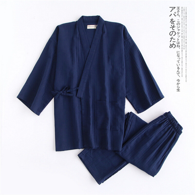 النمط الياباني كيمونو سترة السراويل 2 قطعة مجموعة الرجال ملابس النوم Bathrobe القطن مريحة المنزل دعوى رداء ملابس خاصة اليومية