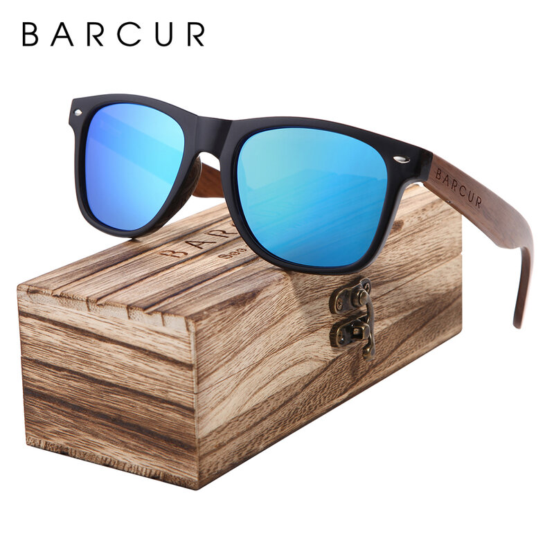 BARCUR الجوز الأسود النظارات الشمسية الخشب الاستقطاب النظارات الشمسية الرجال نظارات الرجال UV400 حماية نظارات خشبية الأصلي مربع