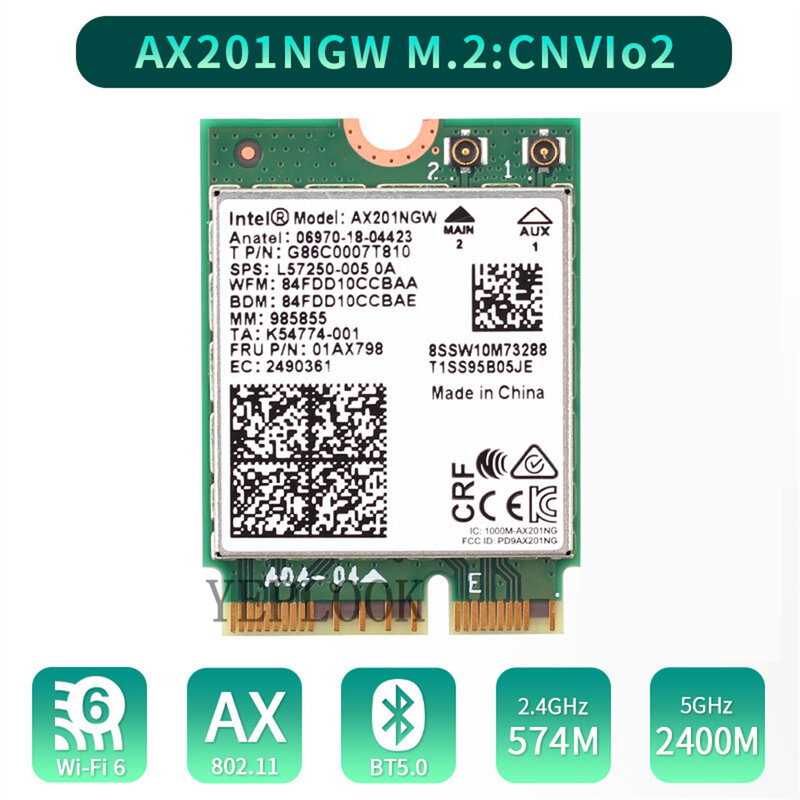بطاقة إنتل واي فاي 6 ، ثنائية النطاق ، GHz ، 5 جيجاهرتز ، Mbps ، Mbps ، M.2 مفتاح E ، Cnnnnova 2 ، Mbps ، AX201 ، AX201NGW