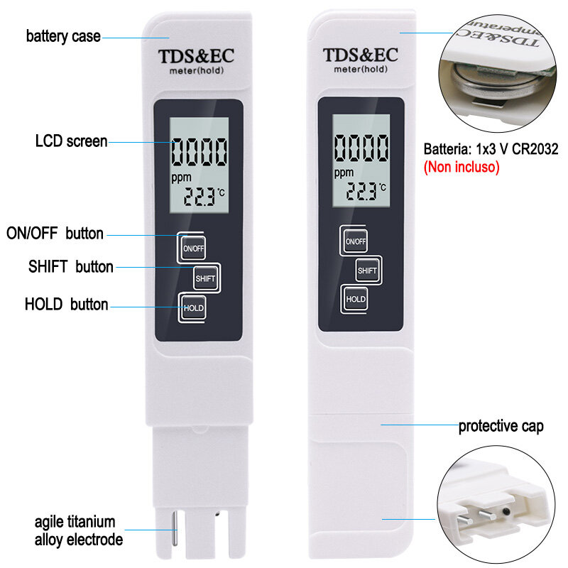 جهاز اختبار جودة الماء الرقمي TDS EC المدى 0-9990 مقياس الحرارة متعدد الوظائف لقياس درجة حرارة نقاء المياه PPM
