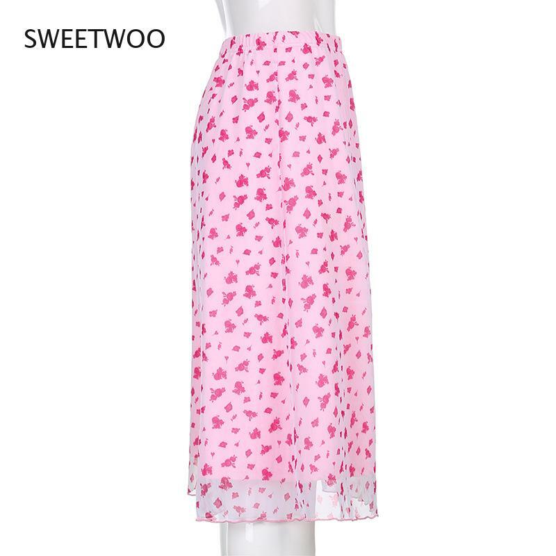 تنورة طويلة نسائية من نوع Y2K مطبوع عليها زهور تنورات عالية الخصر وردية اللون للصيف Harajuku 90S ملابس جمالية ملابس خروج