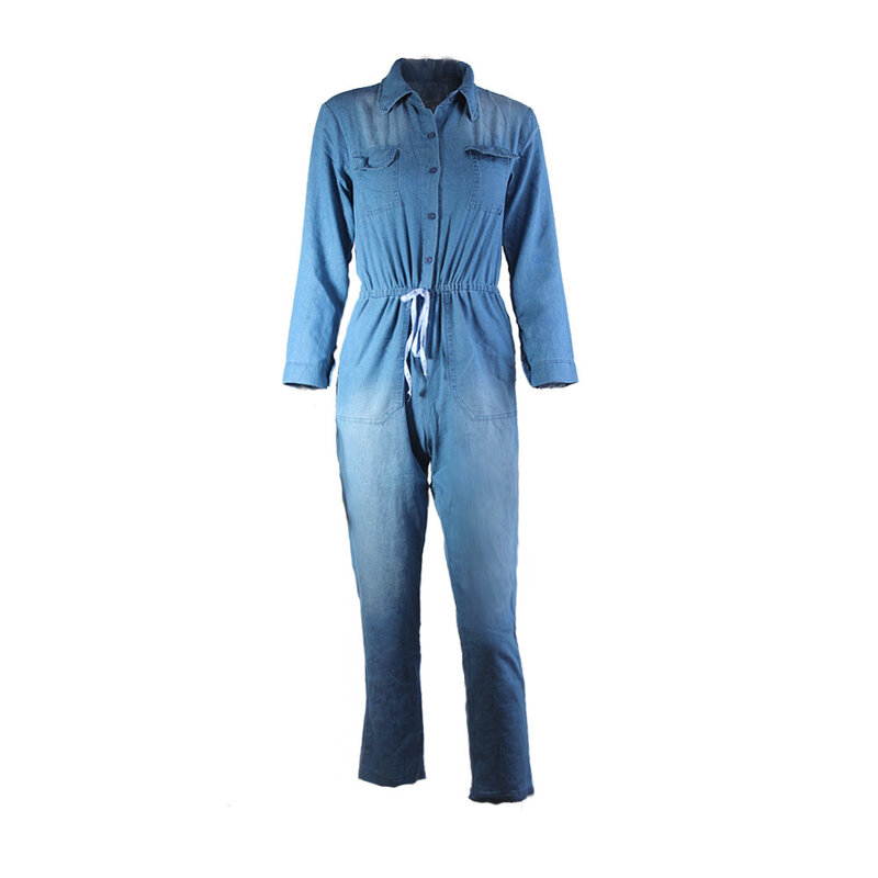 جمبسوت دنيم صيفي نسائي ، دنغري أزرق بياقة واقفة ، بدلة رومبير نسائية غير رسمية بأكمام طويلة ، دنغري 2020