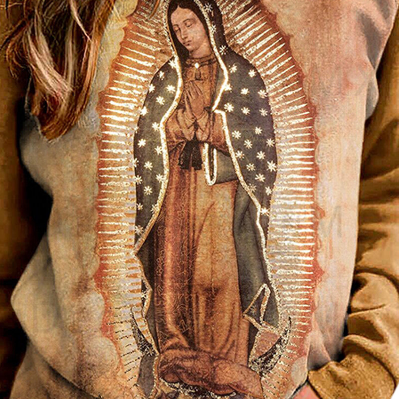 المرأة طويلة الأكمام البلوز ، مريم العذراء طباعة ، الجلد ودية ، قمة خمر لفتاة القديس ، الأصلي من سيدة لدينا ، Guadalupe ، والأزياء