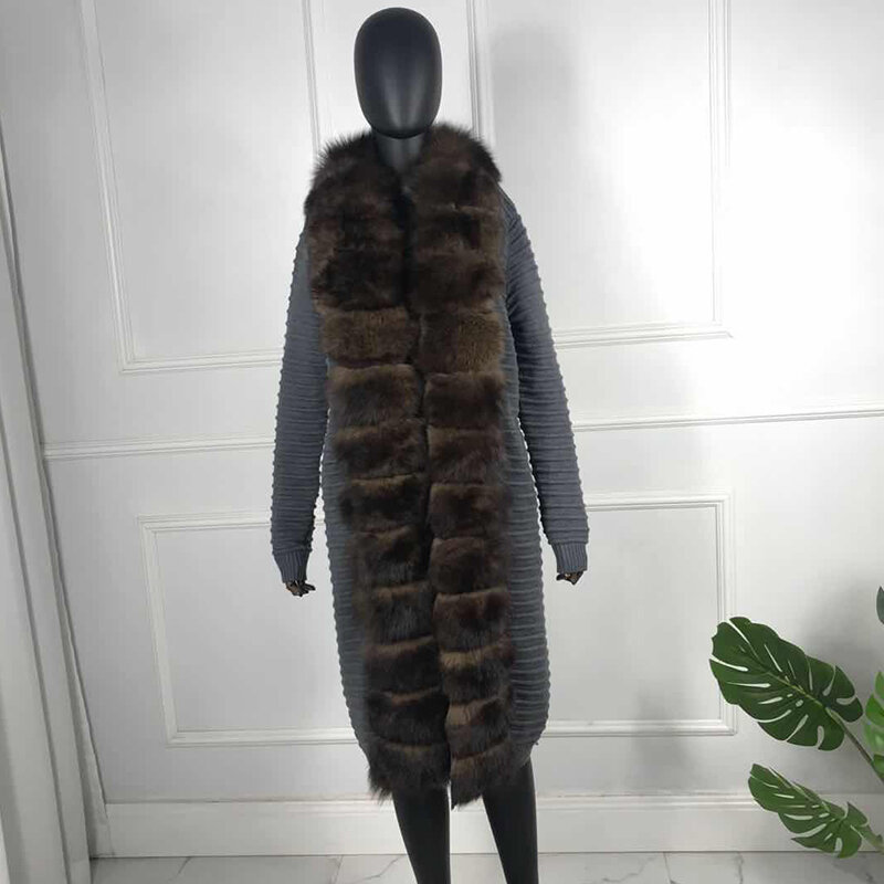 شتاء طويل سترة الكشمير المعنقة المرأة موضة الثعلب الفراء طوق المعطف 2021 جديد Cardigan البيع سترة