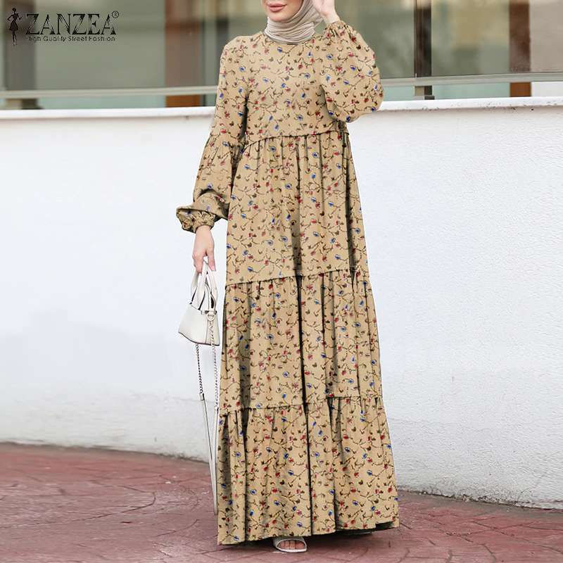 المرأة مسلم فستان الشمس أنيقة طباعة فستان مكشكش الإناث الطبقات المطبوعة رداء ZANZEA عادية نفخة كم ماكسي Vesitdos