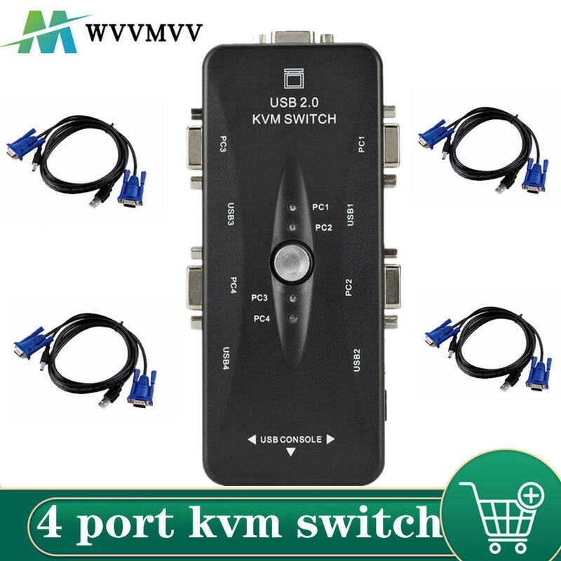WVVMVV 4 ميناء مفتاح ماكينة افتراضية معتمدة على النواة USB 2.0 VGA الخائن طابعة لوحة مفاتيح وماوس بندريف حصة الجلاد 1920*1440 VGA التبديل مربع محول