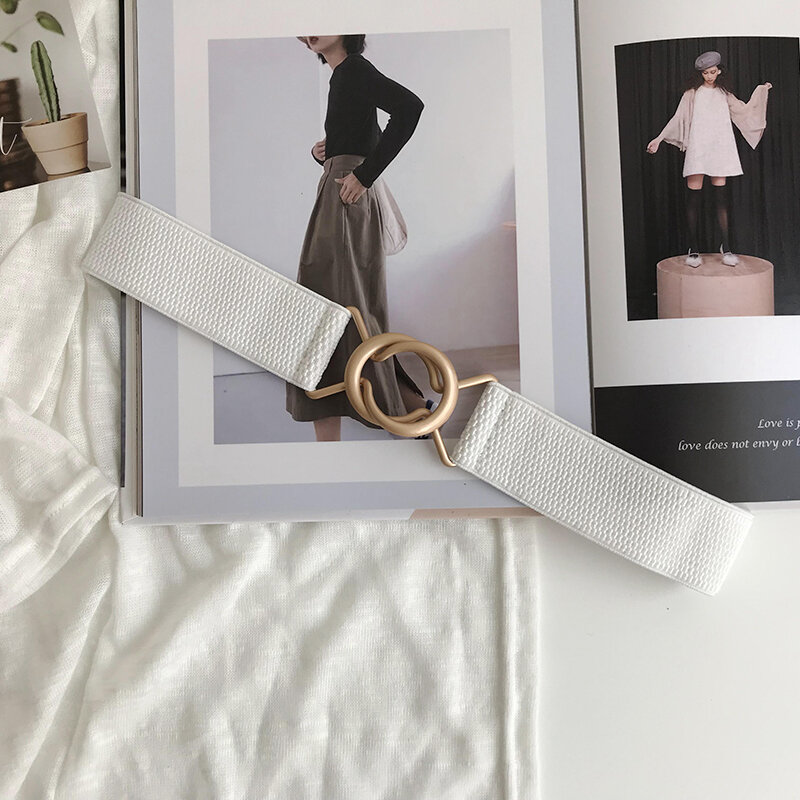 Fashion elastic Waistbands for Women coat Solid Stretch Wide Belt Adornment For Dress light gold alloy buckle white cummerbunds