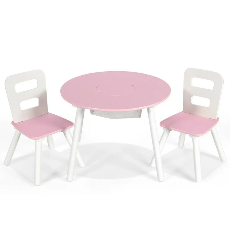 Babyjoy الاطفال طاولة مستديرة خشبية و 2 كرسي مجموعة ث/مركز شبكة التخزين HW67056