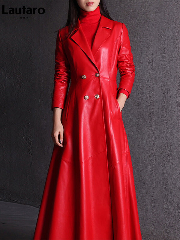 Lautaro خريف طويل تنانير أحمر جلد صناعي أسود خندق معطف للنساء مزدوجة الصدر أنيقة فاخرة موضة 4xl 5xl 6xl 7xl