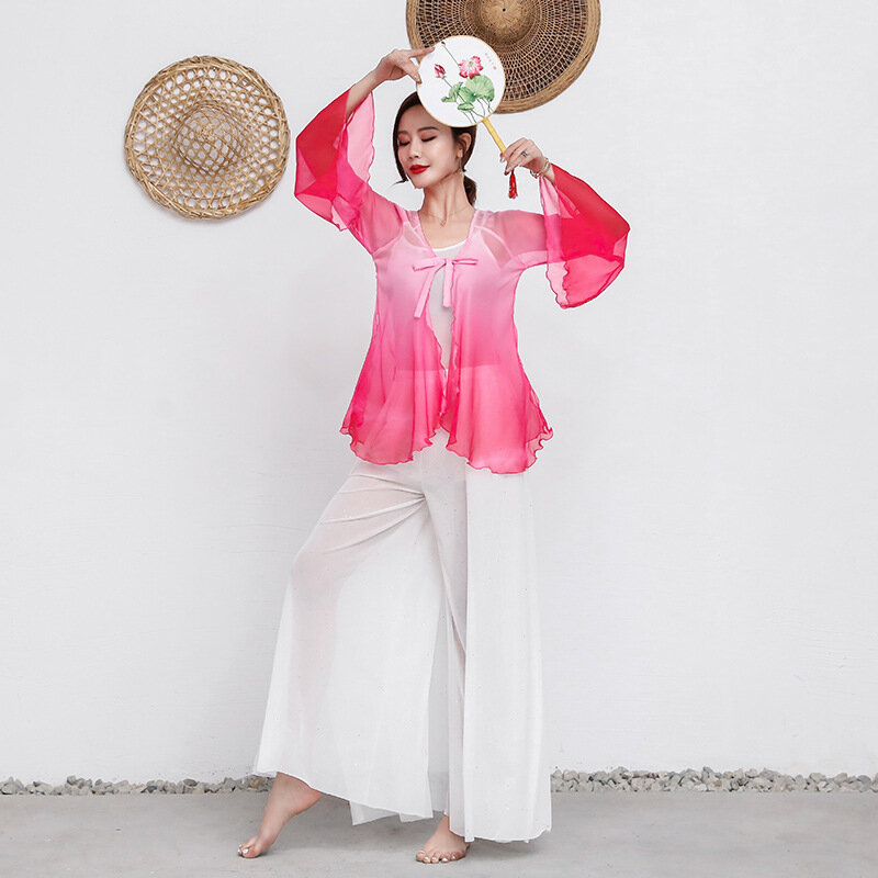 XL حجم الصينية التقليدية ملابس رقص فستان المرأة الكلاسيكية الرقص ممارسة الملابس بلوزة طويلة بانت
