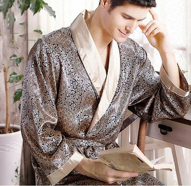 الرجال رداء النوم الحرير كيمونو Bathrobe ثوب رداء النوم عادية حجم كبير طباعة الذهب المنزل روب للنوم 3XL 4XL 5XL