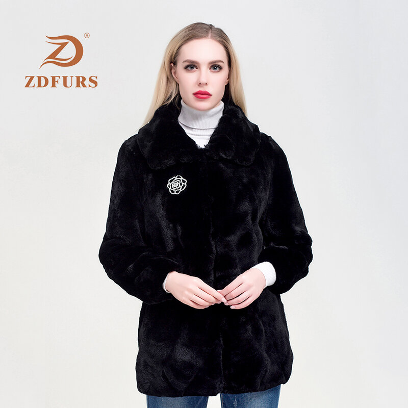 ZDFURS * معطف الفرو الحقيقي عالية الجودة فراء أرنب ريكس حقيقي معطف سترة مع الماس الأرداف الطبيعي الحقيقي الفراء معطف دافئ التلبيب
