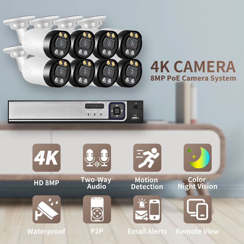 Azishn 8MP 4K IP كاميرا مصغرة 8CH NVR نظام الدائرة التلفزيونية المغلقة عدة في الهواء الطلق مقاوم للماء اتجاهين الصوت الأمن مراقبة حماية الكاميرا