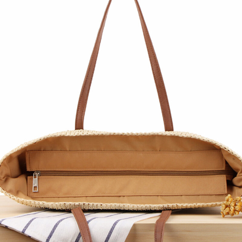 موضة المرأة الصيف البوهيمي القش حقيبة كبيرة مفتوحة من أعلى الشاطئ عادية شريط حقيبة كتف حقيبة اليدوية سلة تخزين حقيبة تسوق