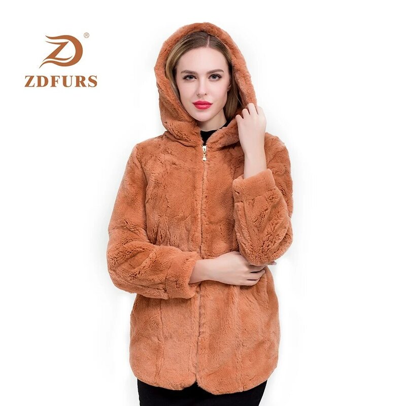 ZDFURS * كامل الجلد الطبيعي ريال ريكس الفراء معطف الملابس النسائية الشتاء مقنعين سترة طويلة بأكمام طويلة ملابس خارجية معطف كبير الحجم