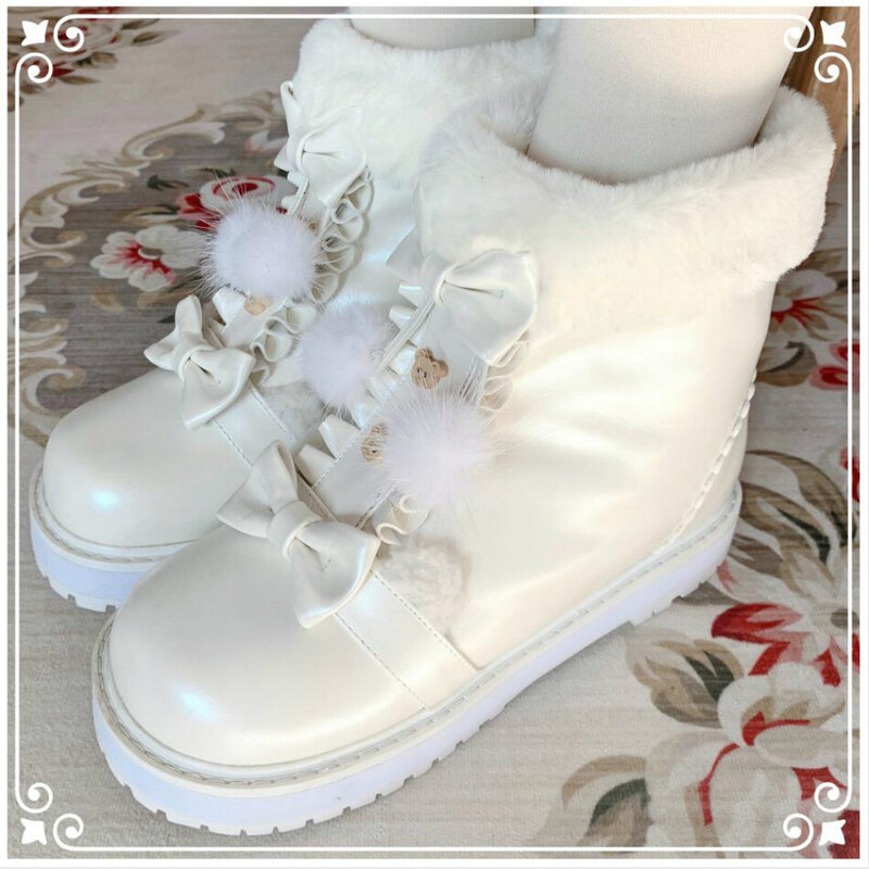 الشتاء kawaii فتاة الحلو لوليتا أحذية vintage رئيس مستديرة زائد الكشمير الدافئة النساء أحذية لطيف bowknot kawaii الثلوج الأحذية loli