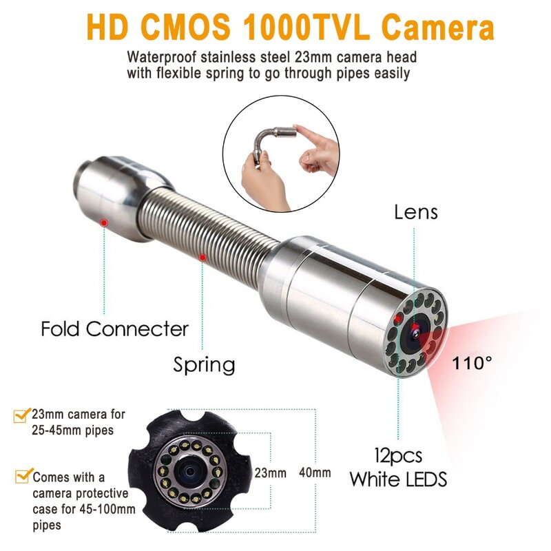 الأنابيب التفتيش كاميرا DVR 7 "رصد HD 1080P 8GB 20/30/50/100M syanspin 23 مللي متر IP68 استنزاف المجاري خط أنابيب المنظار الصناعي