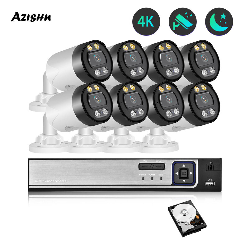 Azishn 8MP 4K IP كاميرا مصغرة 8CH NVR نظام الدائرة التلفزيونية المغلقة عدة في الهواء الطلق مقاوم للماء اتجاهين الصوت الأمن مراقبة حماية الكاميرا