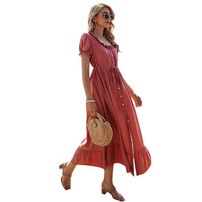 2021 فستان صيفي مثير انقسام واحدة الصدر الياقة المستديرة لون نقي عالية الخصر فستان شاطئ عطلة الشاطئ