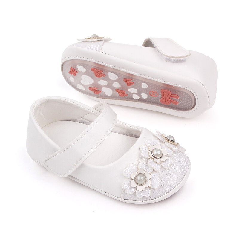 أحذية للبنات حديثي الولادة خف جلدي للأطفال الصغار حذاء بدون كعب غير رسمي مزين بالزهور أحذية للأطفال الرضع دمية لتعلم المشي هدية