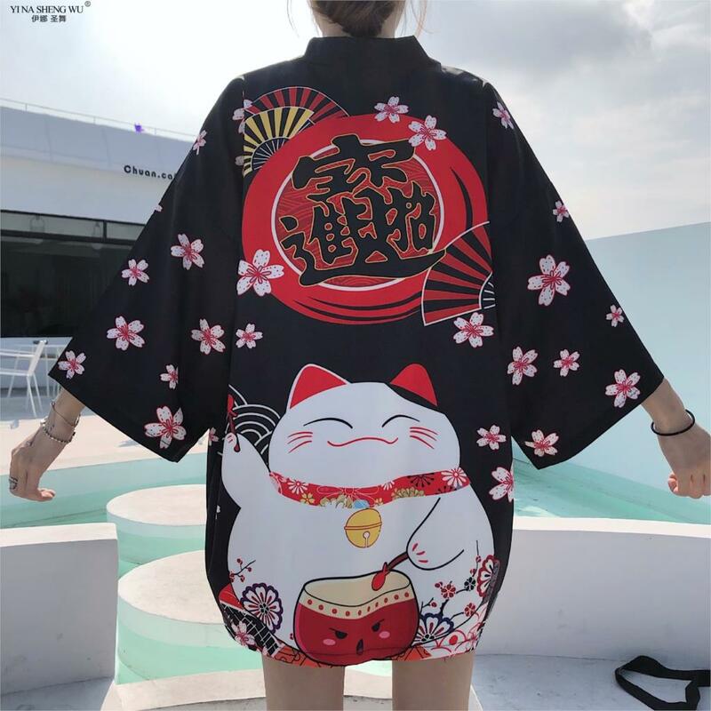سترة بنمط ياباني من Lucky Cat كيمونو ملابس الشارع الشهير ملابس Harajuku رداء بتصميم ياباني سترة سوداء وبيضاء للرجال والنساء للصيف