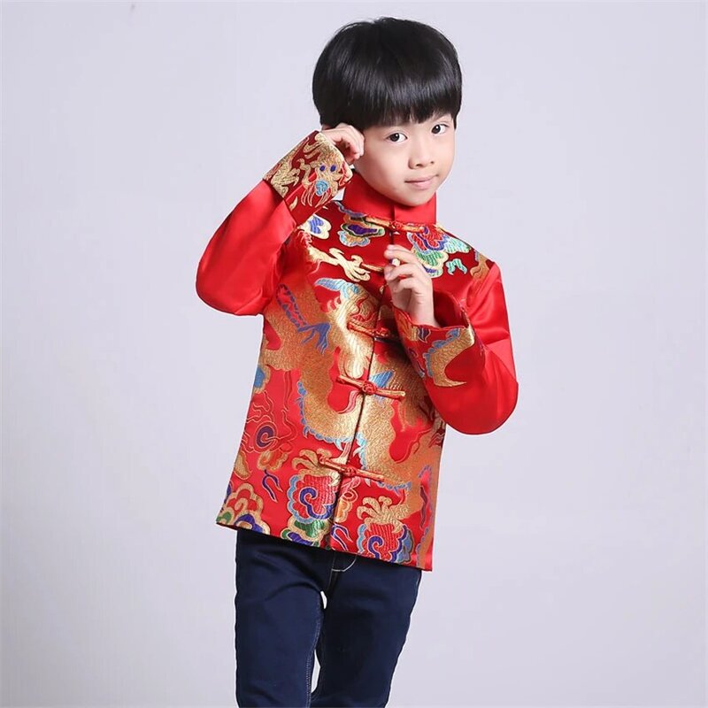 تانغ دعوى الأحمر التقليدية الصينية ملابس للرجال الاطفال الصبي Hanfu كبار التنين طباعة Vintage الساتان الكونغفو الصينية مرحلة الحفلات