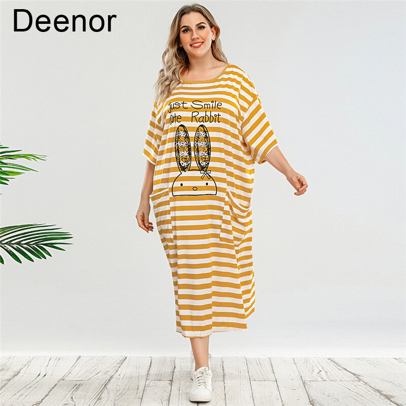 Deenor حجم كبير فستان الكرتون قصيرة الأكمام فساتين طويلة للنساء 2021 الصيف فساتين حريمي غير رسمية 4xl