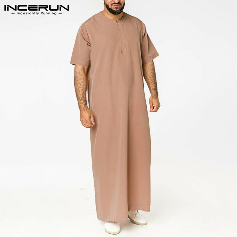 INCERUN-فستان جوبا عتيق للرجال ، أكمام قصيرة ، ياقة دائرية ، على الطراز السعودي ، ملابس إسلامية للعرب المسلمين ، 5XL