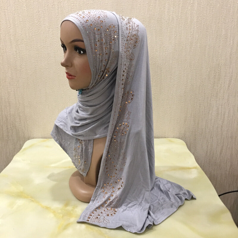 الذهب حجر الراين جيرسي وشاح الرأس الحجاب بلون للنساء الحجاب تربان إسلامية شالات طويلة تغطي يلتف S الحجم 160X50CM