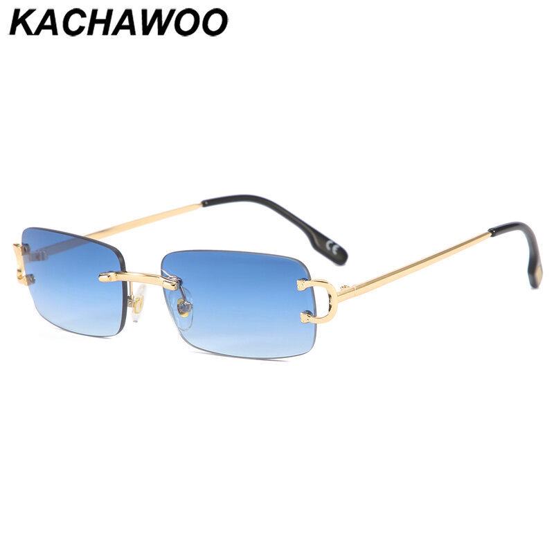 Kachawoo ريترو مستطيلة النظارات الشمسية بدون شفة الذكور الإناث uv400 نظارات شمسية صغيرة موضة الأزرق الوردي الذهب معدن هدايا عيد