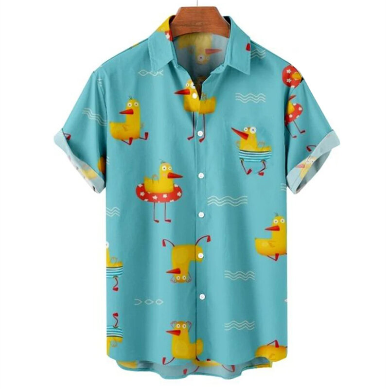 قمصان رجالية مطبوعة ثلاثية الأبعاد بطة ، ملابس شاطئ هاواي ، قمصان هاواي غير رسمية ، بلوزات الشارع Y2k ، قمم رجل ، الصيف