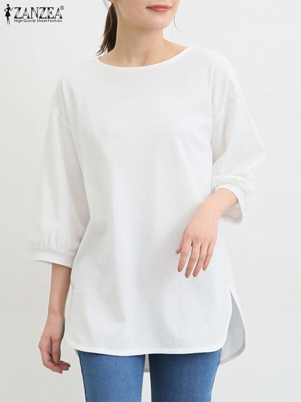 ZANZEA-بلوزة أحادية اللون للنساء ، قميص برقبة دائرية ، قطع علوية أساسية للخريف ، سترة كبيرة الحجم بحاشية منقسمة ، غير رسمية وفضفاضة ، أكمام 3/4