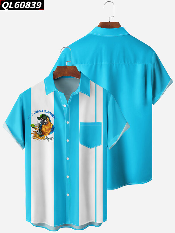 قميص هاواي قصير الأكمام للرجال ، قمصان جيب ، نمط الببغاء ، ملابس عطلة عادية ، عالية الجودة ، الصيف