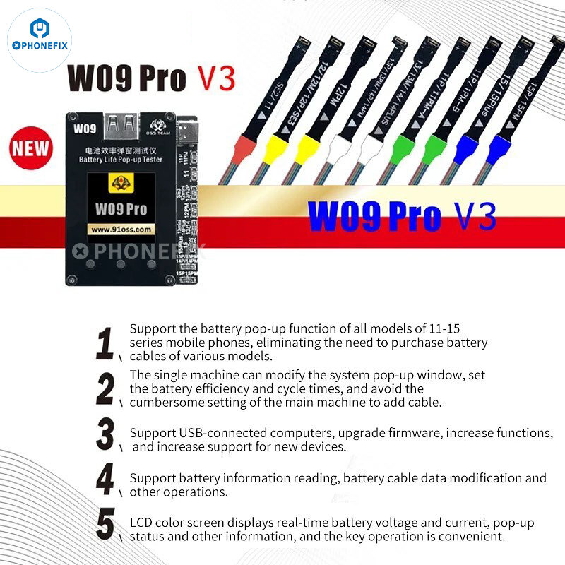 جهاز اختبار منبثق عمر البطارية W09 Pro V3 ، أزل رسالة بطارية مهمة ، استخدم مع iPhone 11 ، 12 ، 13 ، 14 ، 15 Pro Max