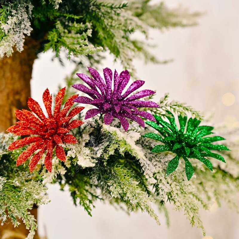 6 قطع من زهور الكريسماس اللامعة المزخرفة من الزهور الاصطناعية لشجرة إكليل عيد الميلاد وديكور العطلات بنفسك