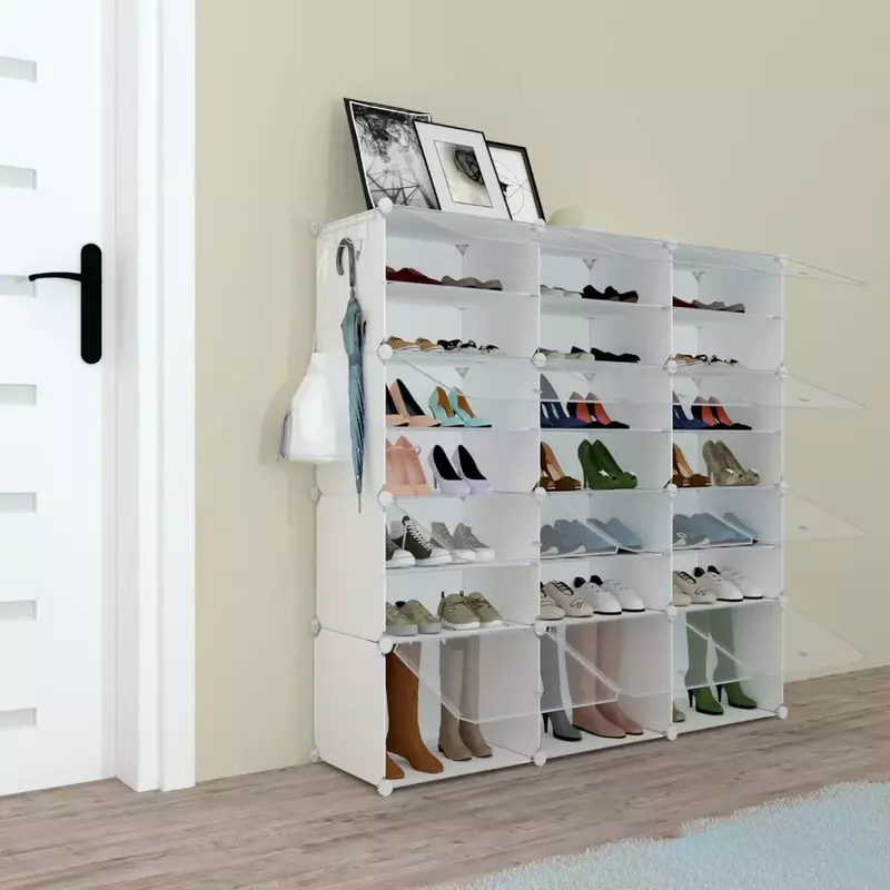 خزانة تخزين أحذية بلاستيكية قابلة للتوسيع مع باب ، طاولة زينة لمجموعة المكياج ، أرفف أحذية ، مدخل ، غرفة نوم ، 48 زوجًا