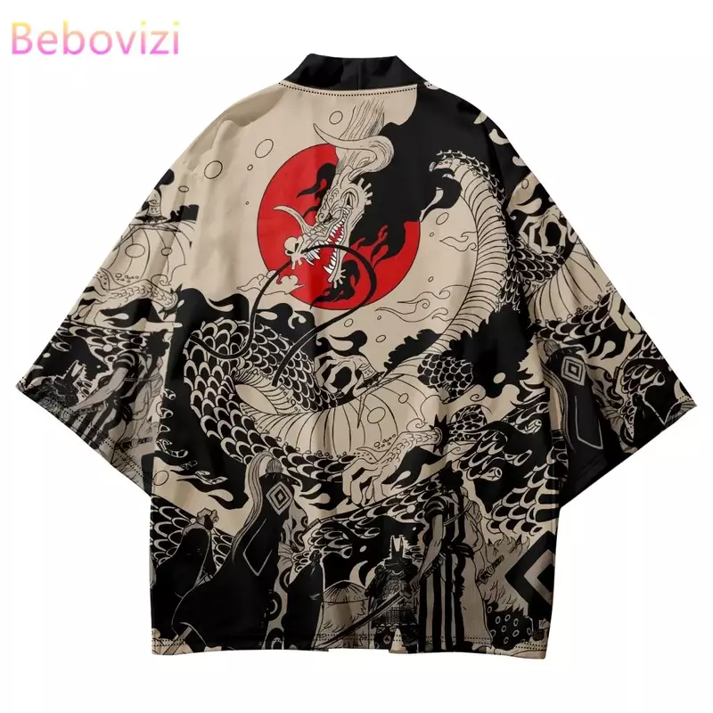 التقليدية الساموراي كيمونو الرجال اليابانية أنيمي التنين طباعة تأثيري هاوري الإناث المرأة سترة يوكاتا قميص الصيف رداء