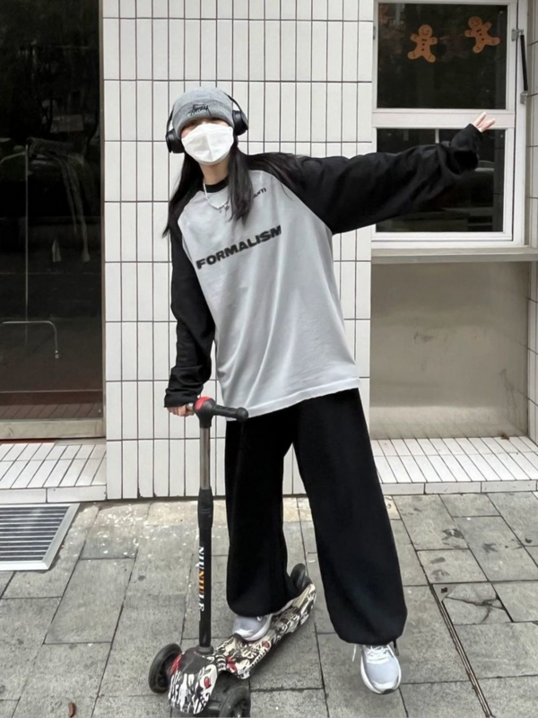 هوتشو-قميص قطني أساسي بأكمام طويلة رمادي ، ملابس الشارع الشهير هاراجوكو ، ملابس فضفاضة كبيرة الحجم ، بلوزة كورية ، خريف ، 2023