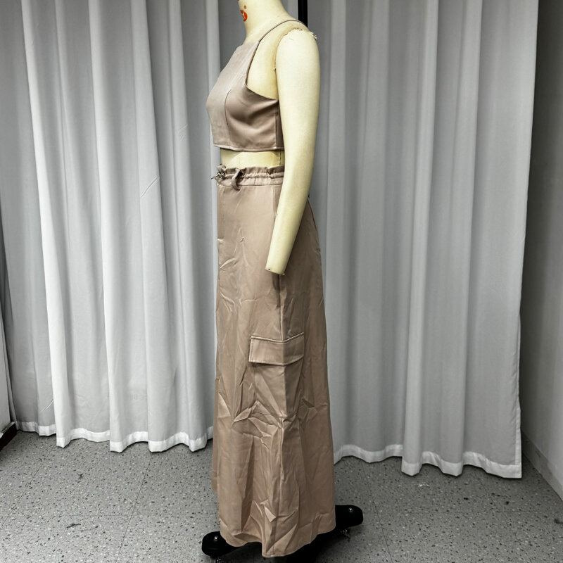 Wefads-طقم تنورة طويلة بدون أكمام بسحاب مع فتحة جيب للنساء ، حمالة أحادية اللون ، موضة مثيرة ، الصيف ،