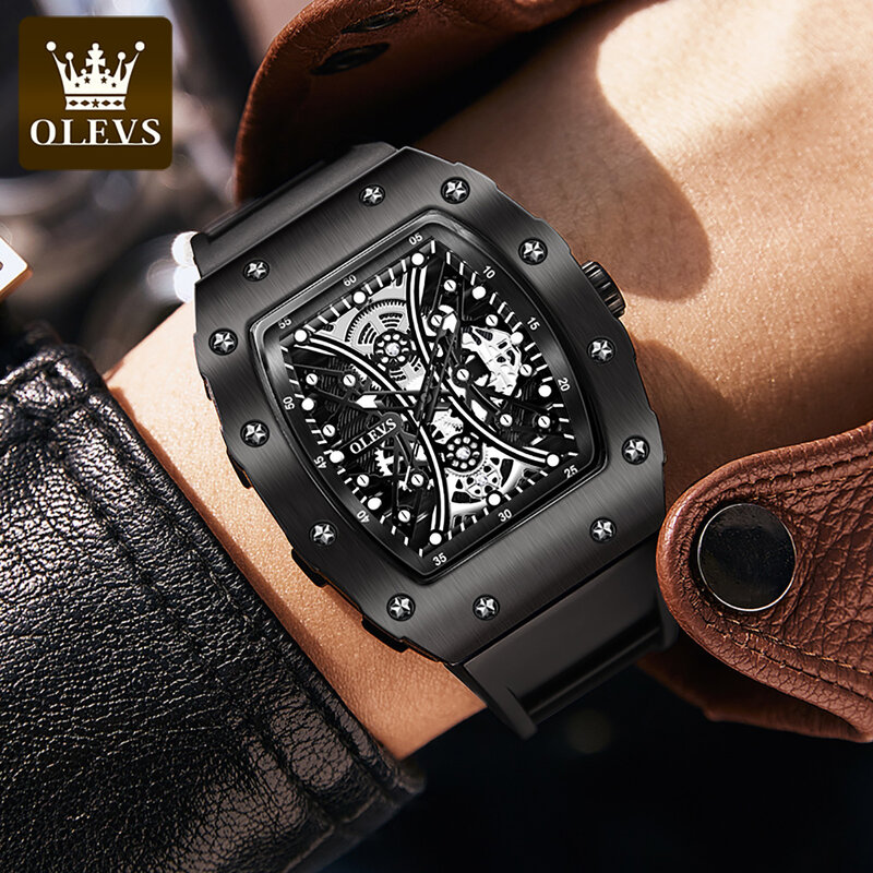 ساعة أوليف تونيو كوارتز للرجال ، حزام مطاط أسود ، تصميم هيكل عظمي ، ساعات رياضية ، علامة تجارية مشهورة ، موضة