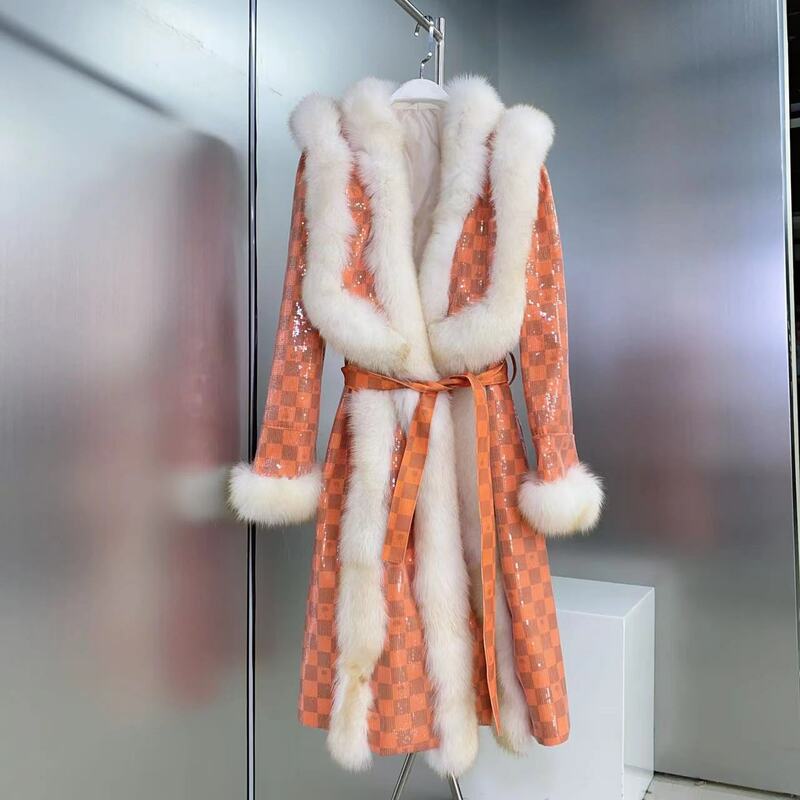 معطف دنيم فاخر من فرو الثعلب ، معطف طويل مطرز بالترتر ، رقبة حرف V ، راقي ، تصميم أزياء ، الربيع والشتاء ،