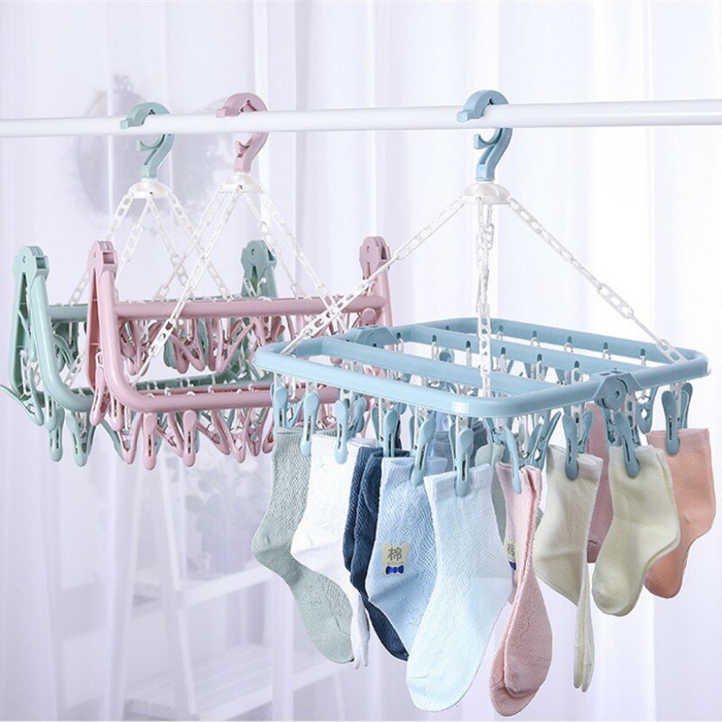 32 Peg Plastic Windproof Clothes Hanger Foldable Dryer Washing Line Airer Clothes Underwear Socks Pants Hanger Household Storage