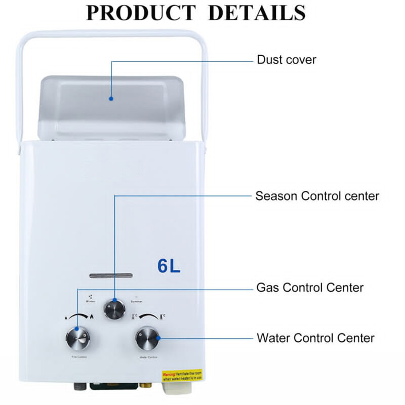 سخان الماء الساخن Tankless المحمولة للتخييم ، غاز البروبان ، المرجل في الهواء الطلق ، LPG ، 6L