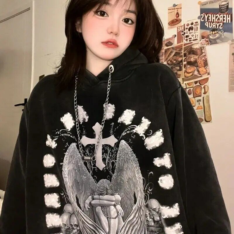 جميل جدا!!! الأمريكية الهيب هوب جديد الملاك قلادة هوديس النساء Hot البيع Harajuku Sweater سترة فضفاضة الكورية قوط Y2k الملابس