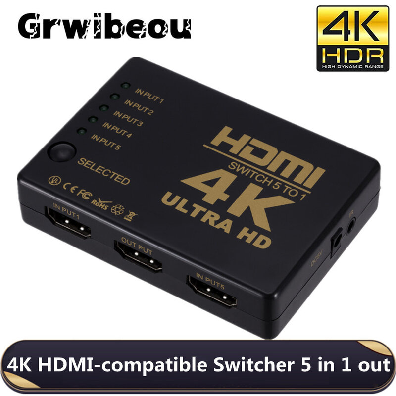 Grwibeou 4K 5x1 HDMI كابل الفاصل 1080P محول فيديو محول 5 المدخلات 1 منفذ الإخراج HDMI Hub ل Xbox DVD HDTV الكمبيوتر المحمول التلفزيون