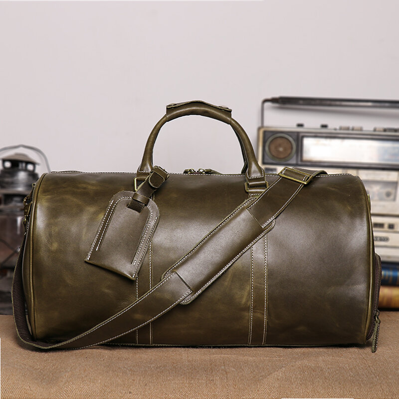 Vintage الطبقة الأولى حقيبة سفر جلدية للرجال سعة كبيرة في عطلة نهاية الأسبوع حقيبة يد حقيبة السفر اليدوية جلد البقر حقيبة كروسبودي