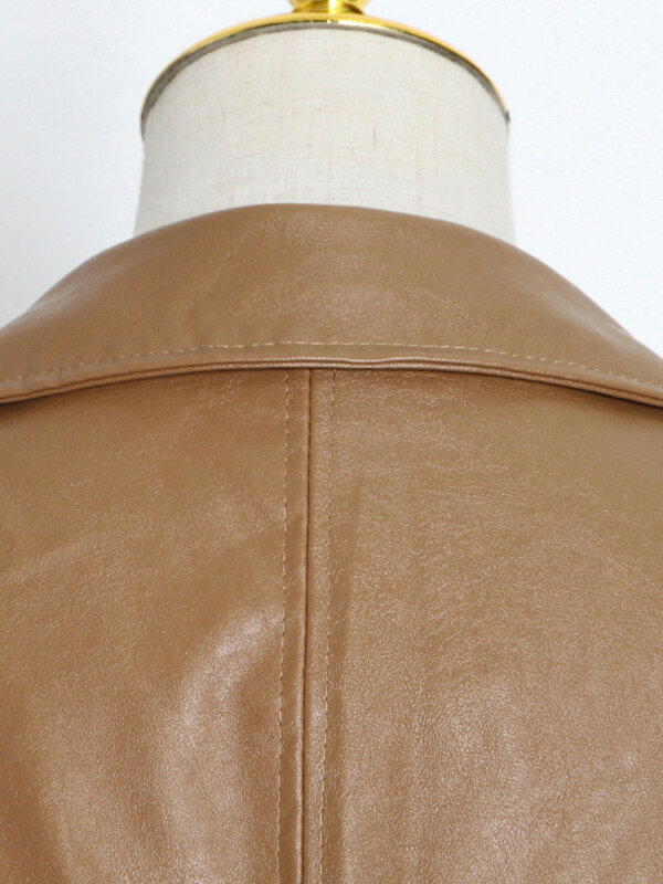 VGH بولي Leather معاطف جلدية للنساء التلبيب كم طويل المرقعة زيبر الحد الأدنى عادية سليم معطف الإناث الخريف الملابس موضة جديدة