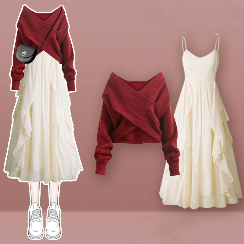 المرأة الخامس الرقبة الصليب محبوك سترة ، فستان حبال كبيرة ، 2 قطعة مجموعة ، موضة جديدة ، الخريف والشتاء ، 2023