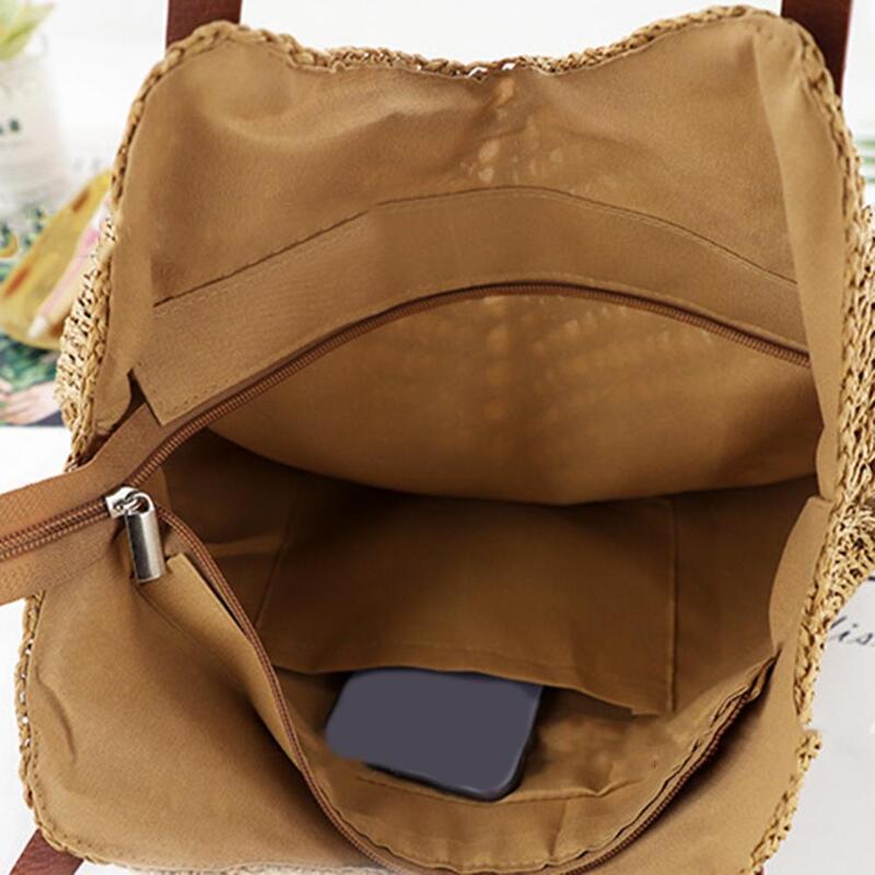حقيبة من القش للشاطئ جيب داخلي صغير مفرغ صناعة يدوية خفيفة الوزن للنساء حقيبة من القش المنسوجة إكسسوارات للسفر حقيبة نسائية