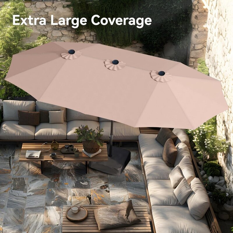 مظلة مستطيلة كبيرة على الوجهين بقاعدة ، مظلة خارجية كبيرة الحجم مع كرنك ، بيج ، 15 قدم